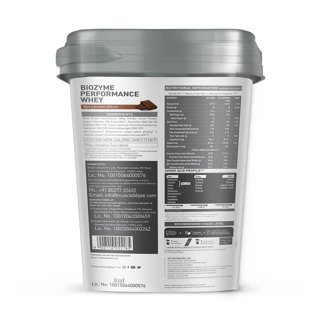 MuscleBlaze Biozyme Performance Whey Protein | Clinically Tested 50% Higher Protein Absorption | Informed Choice UK, Labdoor USA Certified & US Patent Filed EAF® (Rich Chocolate, 4 kg / 8.8 lb)