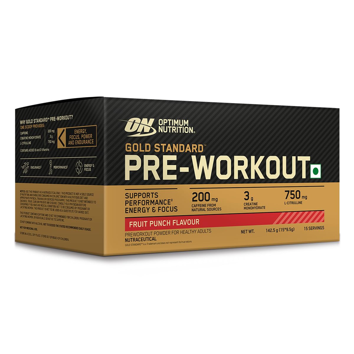 Optimum Nutrition (ON) Gold Standard Pre-Workout- 142.5g/15 single serve packs  For Energy, Focus, Power, Endurance & Performance