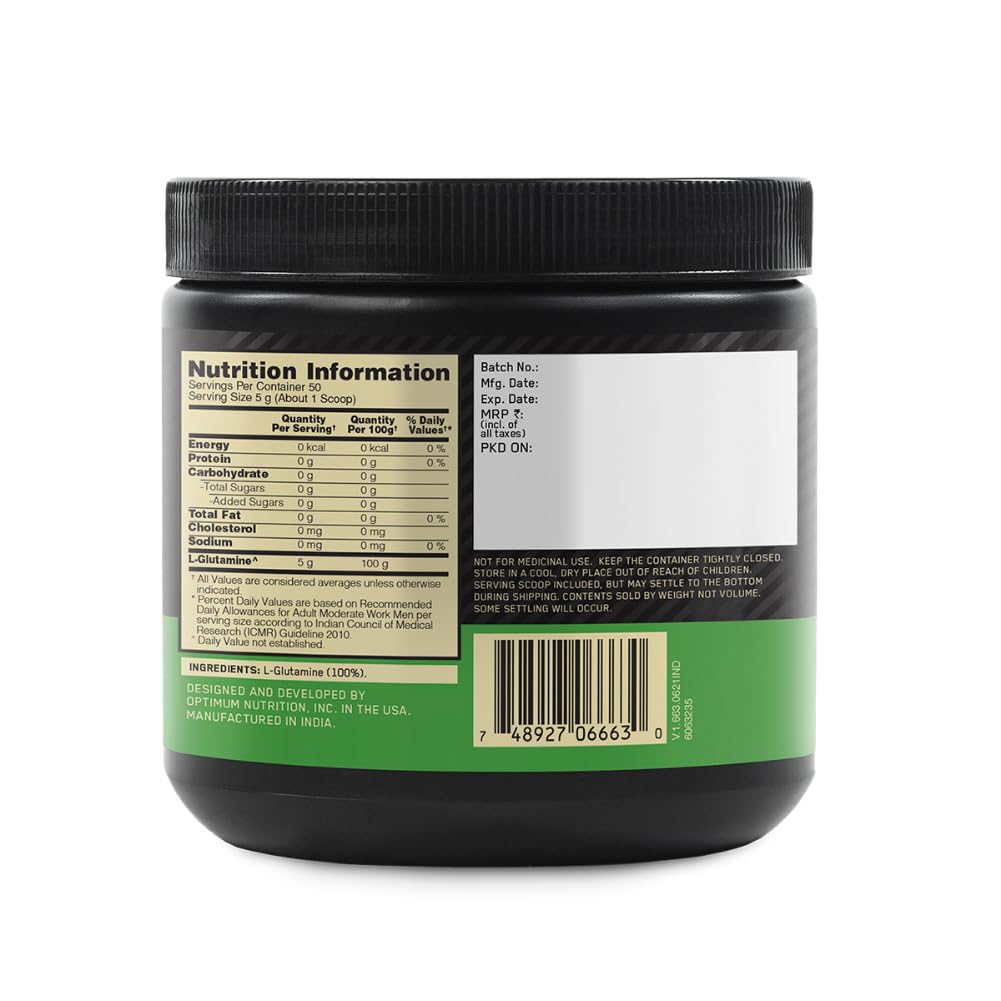 Optimum Nutrition L-Glutamine Powder, Amino Acid Support & Muscle Recovery, 5g Glutamine per serve, 250 Gram,Pack of 50 Serves