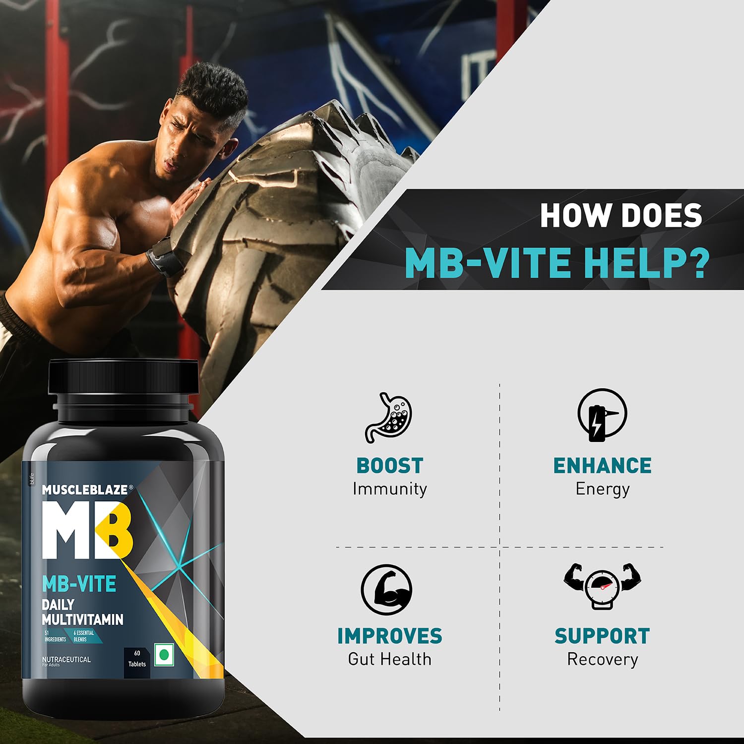 MuscleBlaze MB-Vite Daily Multivitamin with 51 Ingredients & 6 Blends, Vitamins & Minerals, Prebiotic & Probiotics, Amino Acid Blends, for Energy, Stamina & Recovery, Multivitamin Tablets