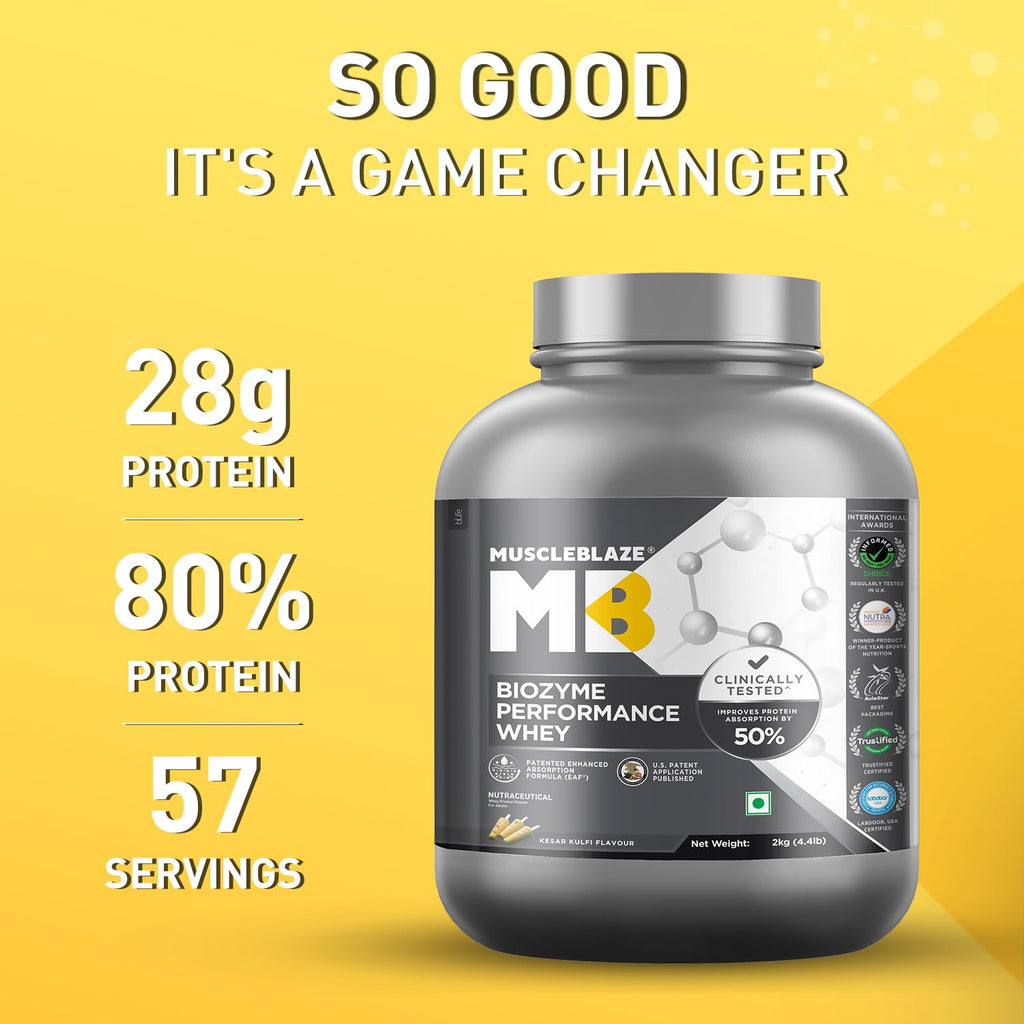 MuscleBlaze Biozyme Performance Whey Protein (Kesar Kulfi, 2kg/4.4lbs) | 28g Protein, Isolate & Concentrate Blend, Clinically Tested 50% Higher Protein Absorption | Informed Choice UK & Labdoor USA Certified