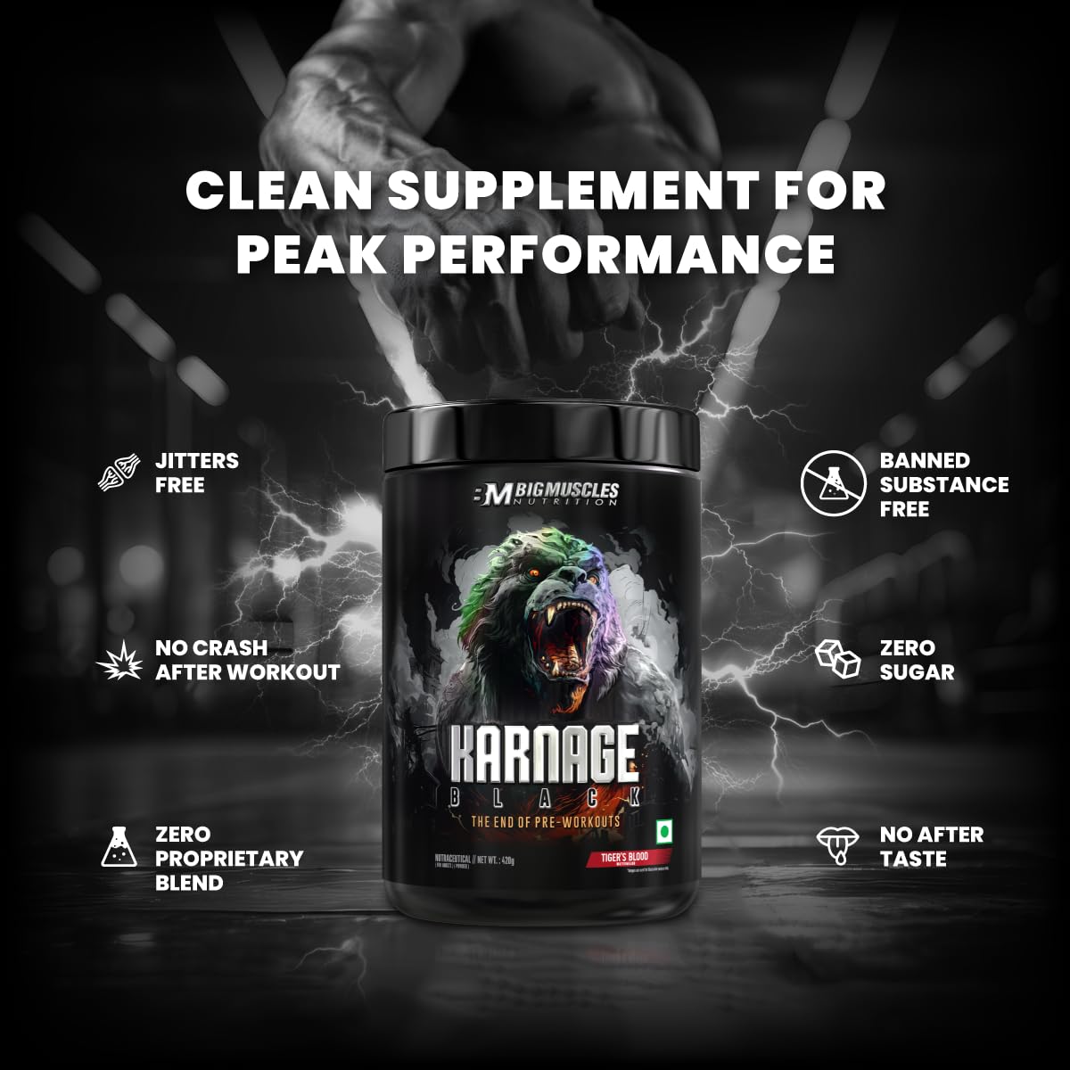 Bigmuscles Nutrition Karnage Black Preworkout [Sex On The Beach, 420g] | Massive Pump | Laser Focus | Explosive Energy | Gorilla Power | No Itching | With Nitrosigine