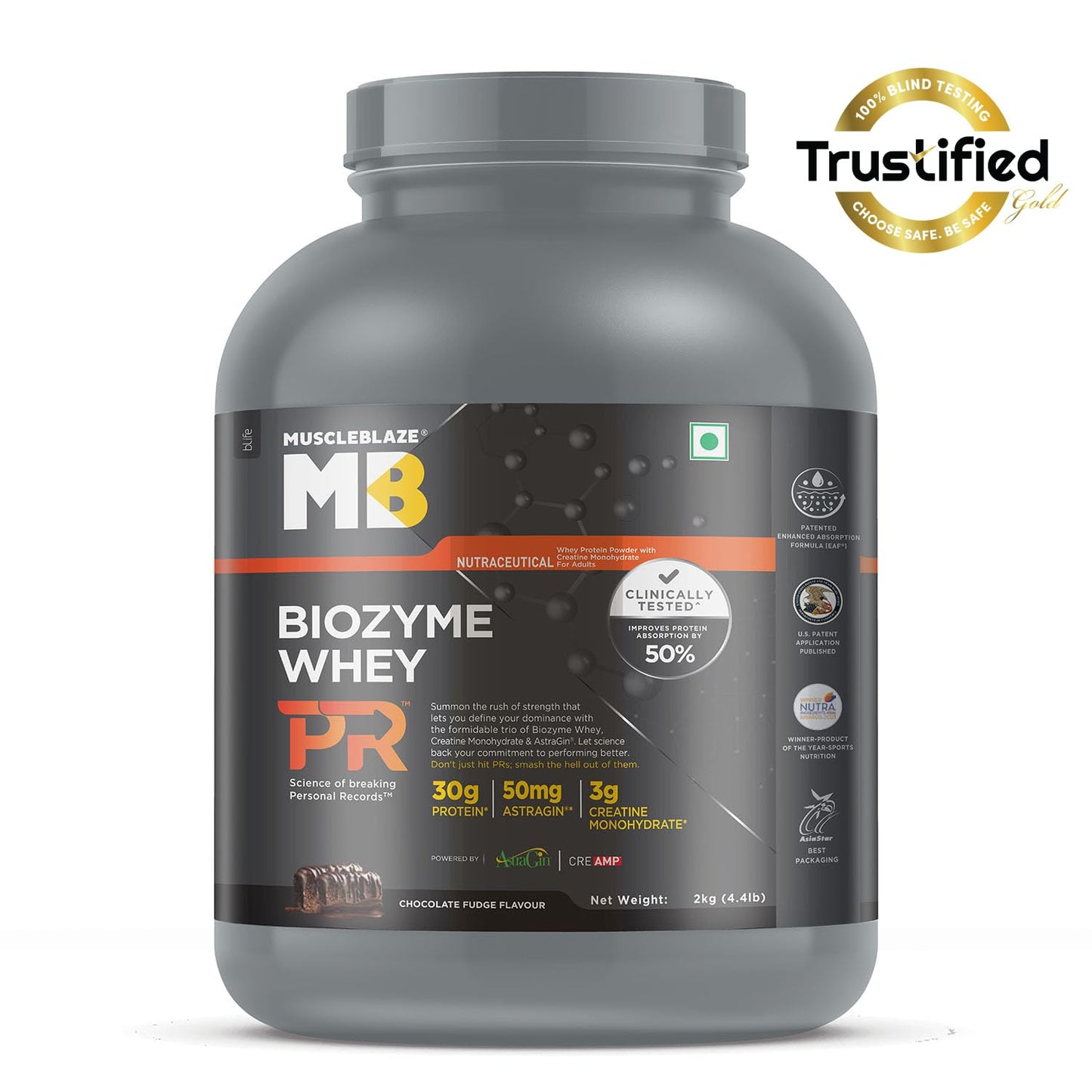 MuscleBlaze Biozyme Whey Protein PR (Chocolate Fudge, 2kg / 4.4lbs) with 30g Protein, 3g Creatine Monohydrate & 50mg AstraGin® | Trustified Gold Certified