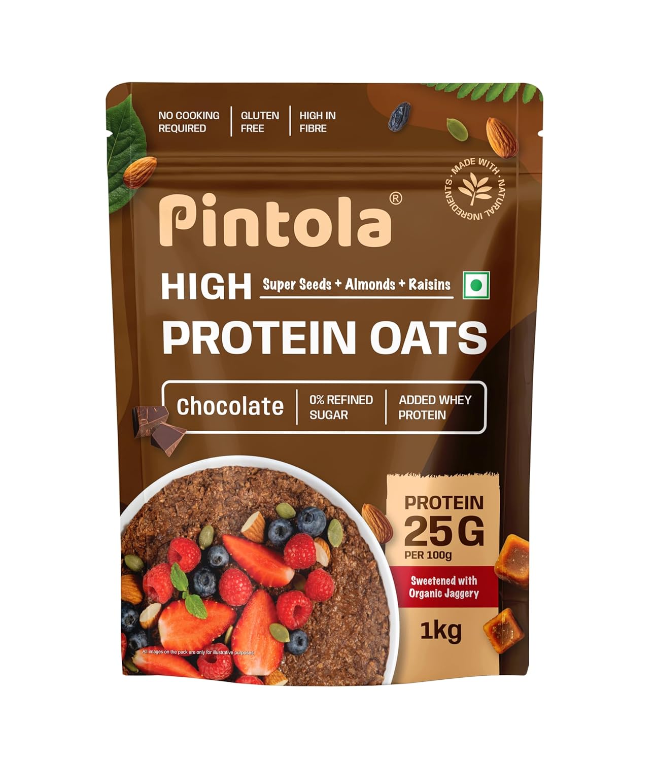 PINTOLA 25g High Protein Oats 1kg, Dark Chocolate,No Refined Sugar, with Almonds Raisin, Pumpkin and Chia Seeds, 8g Fibre, Rolled Oats for weight loss, Breakfast Cereals | Gluten Free