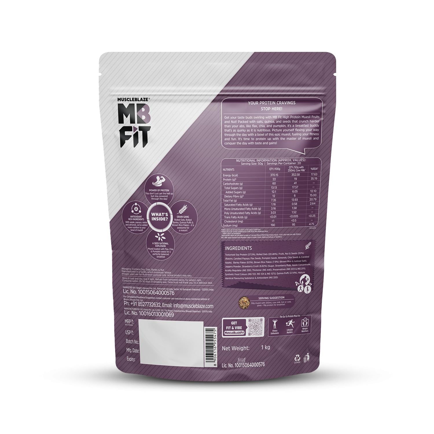 MuscleBlaze Fit High Protein Muesli 1 kg,  22 g Protein, Almonds & Super Seeds, Protein Breakfast Cereals