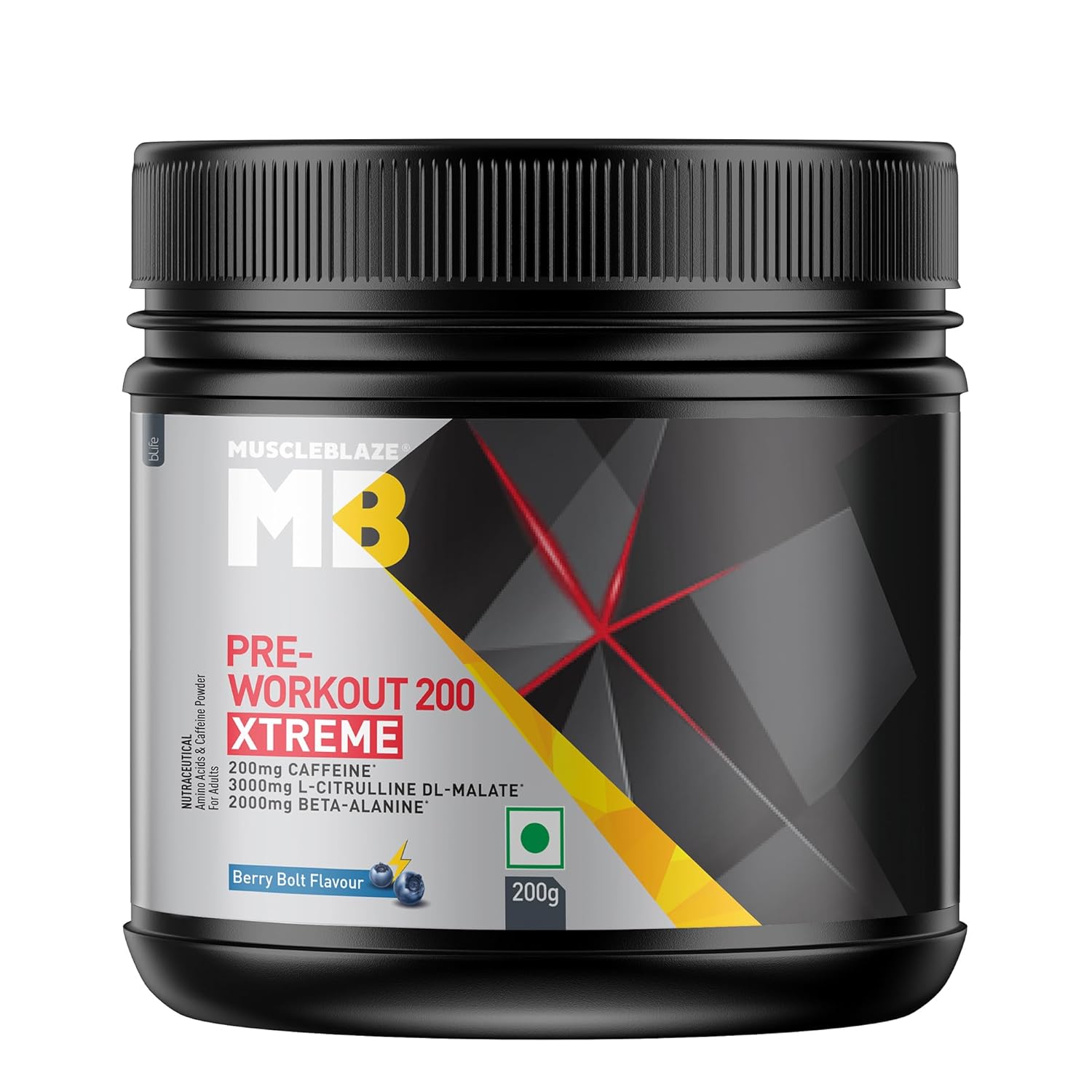 MuscleBlaze Pre Workout 200 Xtreme (30 Servings, 200g) | 200mg Caffeine, 200mg Theanine, 2000mg Beta Alanine, 3000mg Citrulline