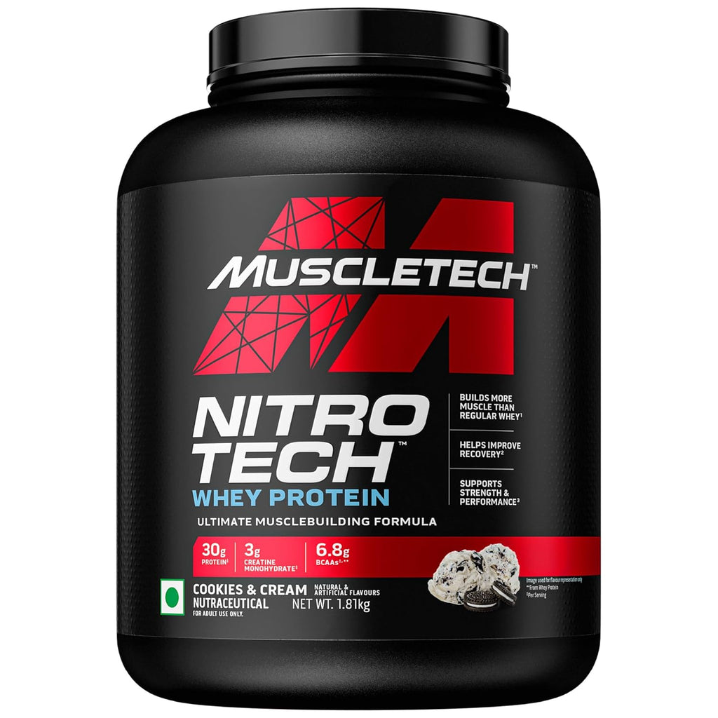 MuscleTech Nitro-Tech Whey Protein, 1.81kg (4lbs), Milk Chocolate, 30g Protein, 3g creatine monohydrate, 6.7g BCAA, ultimate muscle building formula, increase strength & performance
