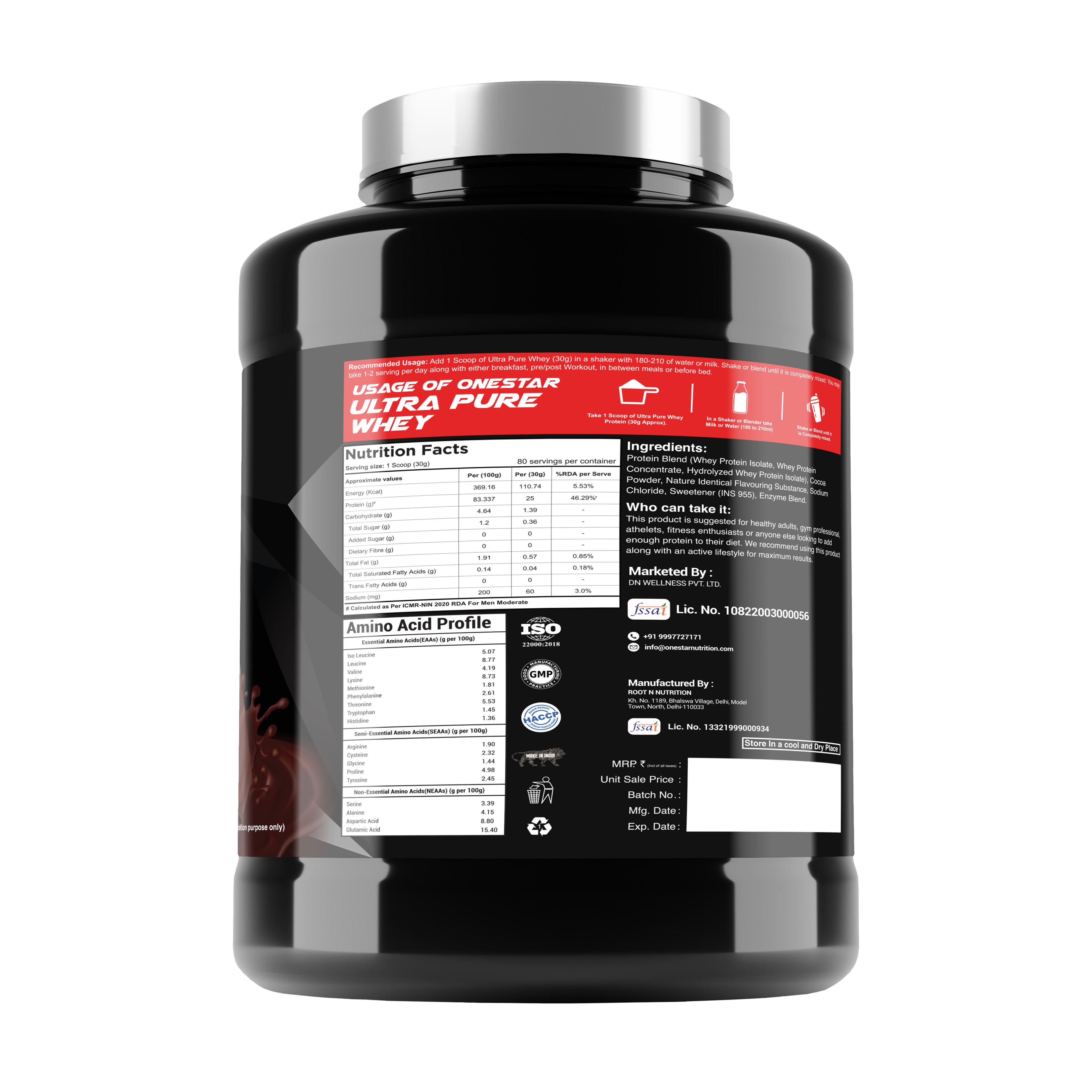 ONESTAR NUTRITION ULTRA PURE WHEY ISOLATE + HYDROLYZED WHEY PROTEIN| Fast-Digesting | Muscle Recovery Formula with Amino Acids | Low Sugar & Fat |/2.4KG/80-SERVINGS