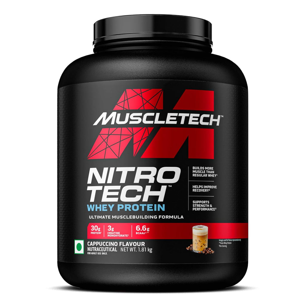 MuscleTech Nitro-Tech Whey Protein, 1.81kg (4lbs), Milk Chocolate, 30g Protein, 3g creatine monohydrate, 6.7g BCAA, ultimate muscle building formula, increase strength & performance