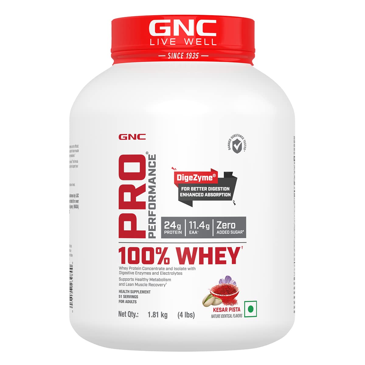 GNC Pro Performance 100% Whey Protein Powder | Boosts Strength & Endurance | Builds Lean Muscles | Fastens Muscle Recovery | Formulated In USA | 24g Protein | 5.5g BCAA | 4 lbs