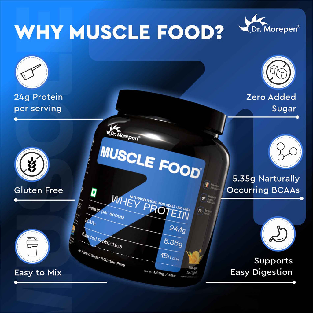 Dr. Morepen Muscle Food 100% Whey Protein Is A Permium, International Grade Protein With Added Probiotics From Belgium