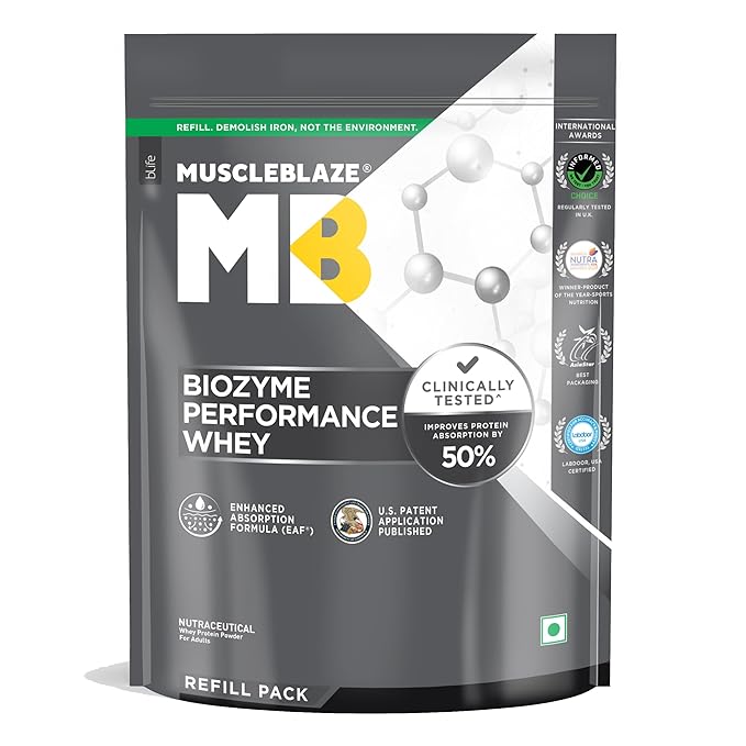 MuscleBlaze Biozyme Performance Whey Protein | Clinically Tested 50% Higher Protein Absorption | Informed Choice UK, Labdoor USA Certified & US Patent Filed EAF®