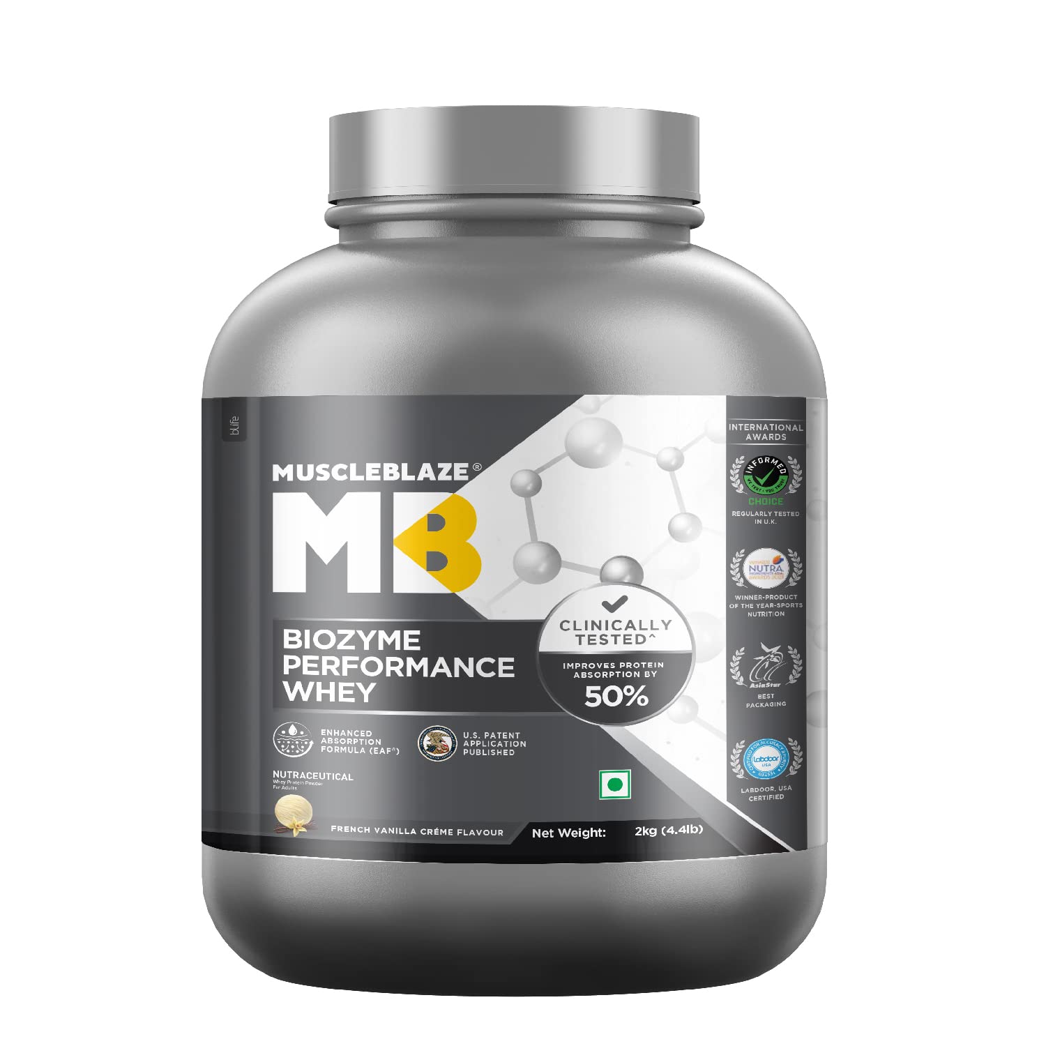 MuscleBlaze Biozyme Performance Whey Protein | Clinically Tested 50% Higher Protein Absorption | Informed Choice UK, Labdoor USA Certified & US Patent Filed EAF®